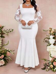 Fleurora Vestido sereia elegante de festa com detalhes em renda e cintura marcada, tamanho plus size, para mulheres. - Branco - Ver 7