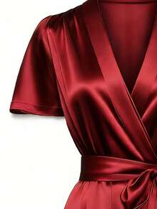 SHEIN Franclia Women's Red Dress For New Year & Christmas, Elegant Party Wear, High Gloss Draped Satin Dress Red Satin Dress Red Cocktail Dress Dinner Outfits For Women Red Wrap Dress Women's Red Dress Red Outfits For Women Women's Dress Casino Night Outfit For Women - Red - View 3