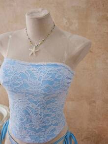 Swim Mod Light Blue Floral Summer Women's 2 Pieces Bikini Set,Sensual Lace Bandeau Swimwear For Pool Party,Holiday,Beach,Cute Sweet Modest 2 Pieces Outfits - Blue - View 6
