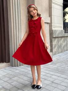 SHEIN Tween Girls' Elegant Red Bowknot Sleeveless Princess Party Dress, Suitable For New Year - Red - View 5