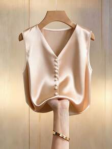 Franclia Women's Elegant Faux Pearl Button V-Neck Sleeveless Blouse, Summer - Apricot - View 3