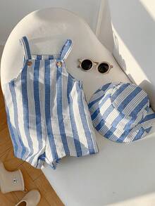 SHEIN Bộ đồ 2 món cho bé sơ sinh unisex: áo liền quần kẻ sọc màu xanh navy kèm quần yếm và mũ chống nắng, thích hợp cho kỳ nghỉ, hoạt động ngoài trời, mặc hàng ngày, quần áo mùa xuân/hè cho bé trai. - Nhiều màu - Xem 5