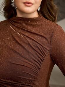 ZEYLAH 优雅褶皱修身长款针织连衣裙 - 棕色 - 查看 2