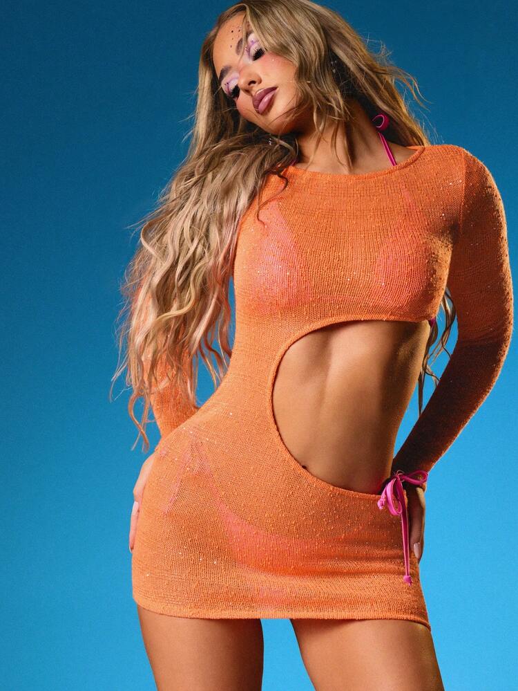 MISSGUIDED Cut Out Long Sleeve Knit Mini Dress With Tie Details Bodycon Ribbed Sweater Dress For Night Out Party Club Festival Events
