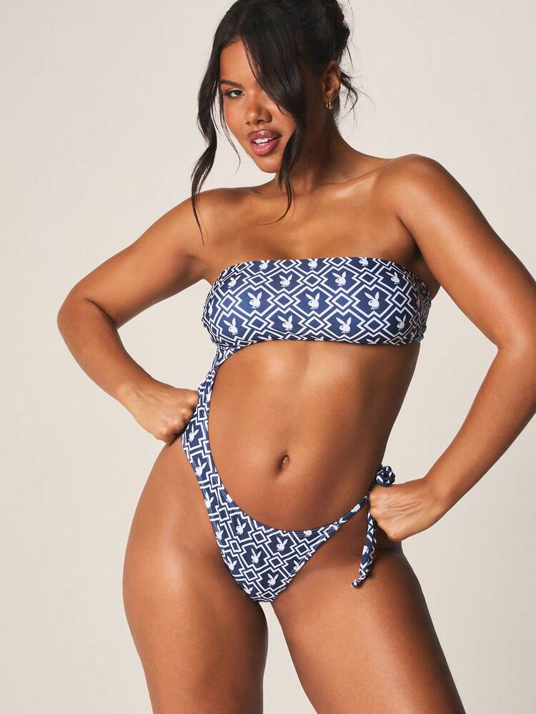 Missguided x Playboy Cut Out Geometric Print One Piece Swimsuit With Strapless Bandeau Top And Tie Side String Bottom Beach Vacation Pool Party Summer Swimwear