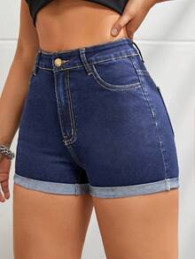 SHEIN ICON Solid Color Slant Pocket Skinny Button Casual Versatile Denim Shorts - Dark Wash - View 5