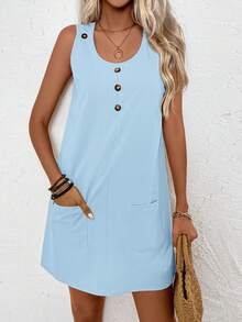 EMERY ROSE 女士休闲简约纽扣装饰双口袋无袖连衣裙，夏季 - 淺藍色 - 查看 5