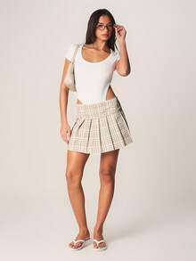 MISSGUIDED Women High Rise Pleated Plaid Mini Denim Skirt With Check Pattern And Decorative Side Pockets For School Preppy Style - Khaki - View 3