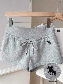 SHEIN EZwear 女士抽绳腰带骑士印花休闲百搭日常短裤 - 淺灰色 - 查看 6