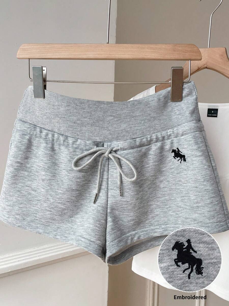 SHEIN EZwear Women's Drawstring Waist Knight Print Casual Versatile Daily Wear Shorts - Light Grey - View 1