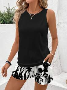 SHEIN LUNE 2件套女士休闲花叶印花撞色圆领背心和短裤套装，适合夏季外出、街头风、海滩、度假、婚礼、派对、生日、时尚、嘉年华、波西米亚风等场合。 - 彩色 - 查看 4