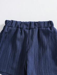 SHEIN Genkimix Kids 两件套男童休闲校园风短袖衬衫和短裤，舒适百搭，适合日常穿着，夏季外出和上学穿着。 - 藏蓝色 - 查看 8