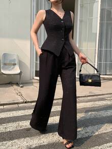 DAZY 春夏亮片黑色背心开衫搭配直筒休闲裤套装，优雅迷人，适合情人节、婚礼、派对、正式场合，时尚修身，适合办公室穿着，女士两件套。 - 黑色 - 查看 7