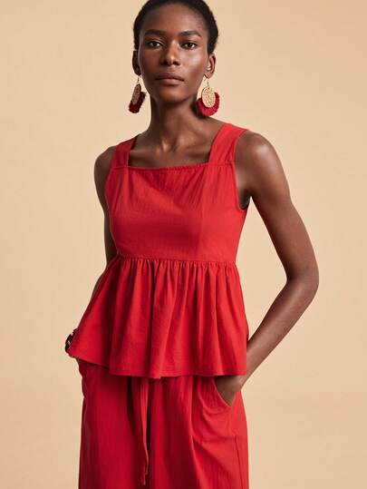 Travachic Women's Solid Color Minimalist Sleeveless Top And Pants 2-Piece Set, Casual Daily Wear,Vacation Casual Terno Outfit For Women,Summer Holiday Outfits,Spring Break Outfits,Party Outfit,Beach Outfit,Spring Clothing,Valentine Outfits For Women,Carnival Costume,Elegant,Floral,Carnival,Spring To Summer ,Party ,Summer Set,Wedding Guest Set For Women,Birthday Set,Party Set,Elegant Set For Women,Floral Set,Summer Set,Carnival Costume, Mexican Style Set Women Boho Set For Women,Tropical,Bohemian,Ibiza,Western,Graduation Set, Graduation Outfit For Mother Work Outfits For Women Red Peplum Top Red Summer Top Peplum Tops Red Top For Women Peplum Top Women