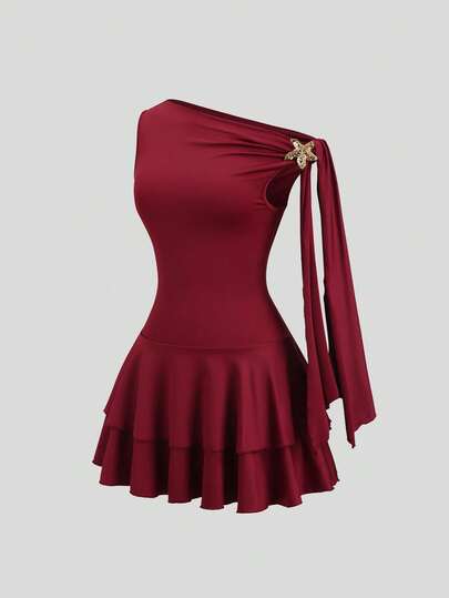 Sweetra Vestido asimétrico de hombro de unicolor para mujer