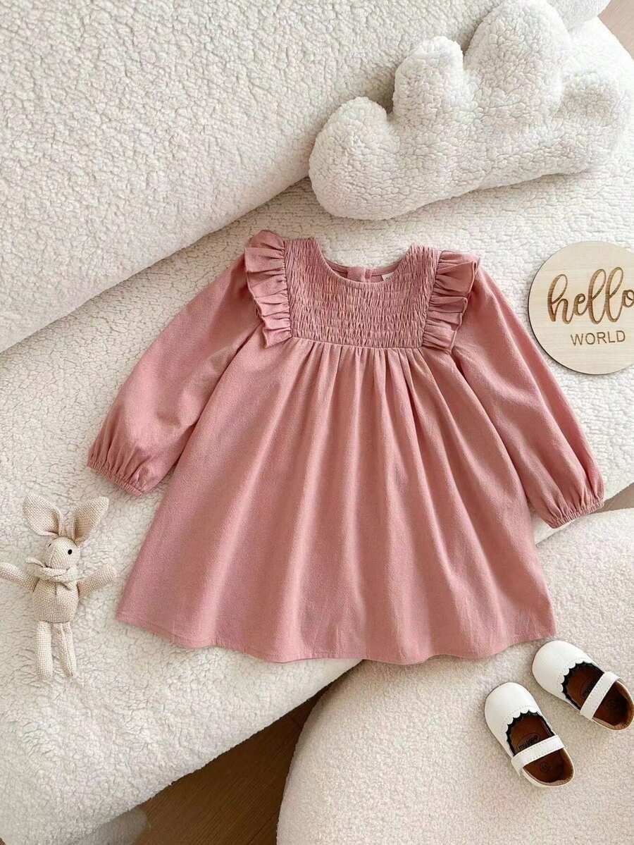 Babygirl Loose Fit Ditsy Floral Long Sleeve Dress, Vacation Style - Pink - View 1