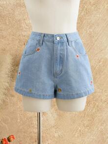 SHEIN MOD Quần short denim ống rộng dáng casual, thêu hoa, có túi xéo, dành cho nữ. - Màu xanh lam - Xem 2