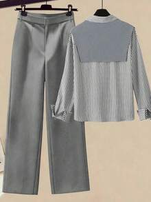 Franclia 2pcs/Set Women's Striped Shawl Collar Shirt And High Waist Wide Leg Pants, Spring/Autumn,Women Dark Grey Casual Striped Long Sleeve Blouse And Long Pants Two-Piece Set With Collar. - Dark Grey - View 2