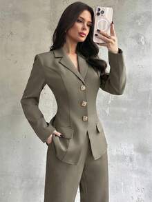 Firerie Bộ vest nữ thanh lịch kiểu cổ điển gồm áo blazer và quần ống loe ôm sát. - Màu Khaki - Xem 4