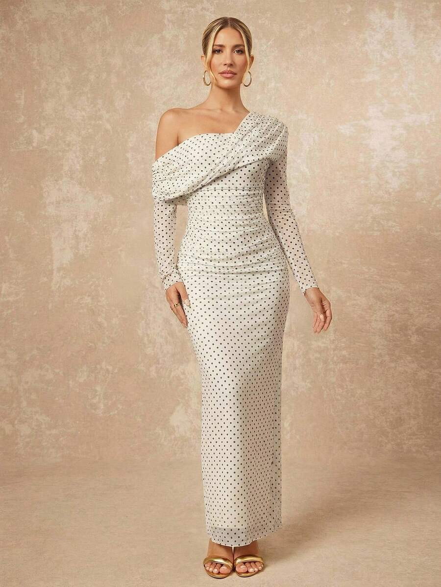 Lumalex 女士优雅性感酒红色不对称领交叉褶皱腰部开衩下摆长袖修身连衣裙，春夏款 - 杏色 - 查看 1