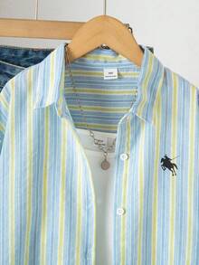 SHEIN Áo sơ mi bé gái - Áo sơ mi dài tay cài cúc kẻ sọc xanh nhạt và vàng thời trang thường ngày cho bé gái tuổi teen, thích hợp cho mùa xuân và mùa thu, 100% cotton, kiểu polo thêu, thoáng khí, mềm mại, lý tưởng cho đi học hàng ngày và những buổi đi chơi thường ngày. - màu xanh lá - Xem 3