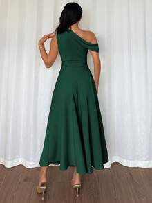 SHEIN Elenzya Women's Elegant Chiffon Asymmetric Ruffle Collar Dress, Fashionable And Graceful For Summer Occasions Like Graduation, Independence Day, Date, Vacation - Dark Green - View 2