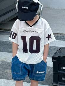 SHEIN Tween Boy Casual Versatile Letter Print Pattern Ribbed Collar Mesh Loose Knit T-Shirt, Suitable For School, Garden, Beach, Birthday, Spring, Summer, Autumn, Winter - Black and White - View 1