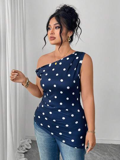 Elenzga Top asimétrico de un hombro con lunares, talla grande, camiseta elástica sin mangas, blusa de un hombro con lunares, top sin mangas con lunares para mujer, top sexy con lunares para mujer de talla grande