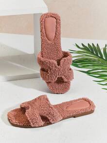 SHUZIA 女士纯色平底毛茸茸凉鞋万圣节圣诞节秋冬 - 杏色 - 查看 5