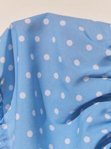 Poéselle Áo kiểu nữ cổ điển thanh lịch phong cách nghỉ mát, họa tiết chấm bi, trễ vai, tay phồng, thích hợp cho mùa hè. - Màu xanh lam - Xem 8