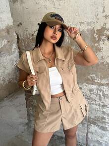 POPSWAY 大码女式休闲夏季拉链外套和工装短裤两件套 - 杏色 - 查看 1