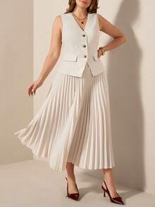 Comfylo 大码女式V领单排扣背心上衣和百褶裙两件套，时尚百搭，适合通勤和办公穿着 - 卡其色 - 查看 6