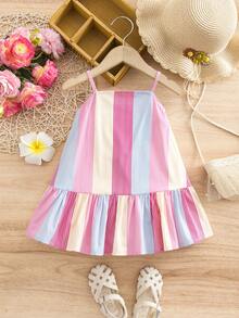SHEIN Baby Girl Summer Casual Vacation Style Contrast Color Striped Print Ruffle Hem Spaghetti Strap Dress - Multicolor - View 1
