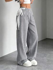 SHEIN Unity 新款优雅通勤系带黑白格纹直筒宽松阔腿裤，适合春夏休闲穿着 - 黑與白 - 查看 1