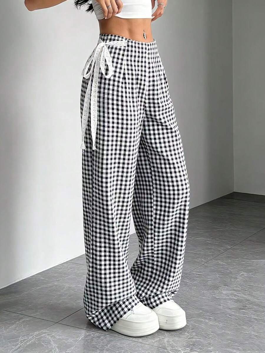 SHEIN Unity 新款优雅通勤系带黑白格纹直筒宽松阔腿裤，适合春夏休闲穿着 - 黑與白 - 查看 1