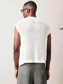 SUMWON Gilet sans manches tricoté ajusté pour hommes avec col rond et texture côtelée pour un style vintage casual à porter au printemps et en été - Beige - Voir 2