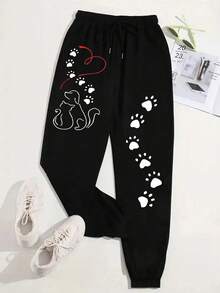 Plus Size Women Casual Printed Fleece Sweatpants, Autumn/Winter - Black - View 5