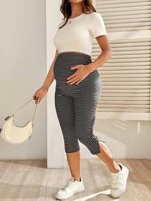 Maternity Casual Striped High Waist Leggings, Spring/Summer - Black and White - View 3