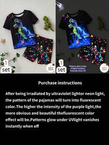 2 piezas Conjunto de pijama para niños pequeños, camiseta de manga corta con estampado de dinosaurio fluorescente y salpicaduras, y shorts elásticos, de tela de punto cómoda, lavable a máquina (1 conjunto se vende por separado) - Multicolor - Ver 7