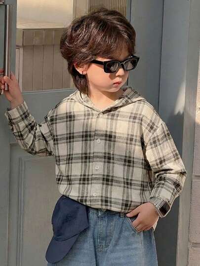 DAZY 男童时尚格子连帽纽扣外套