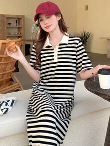 DAZY 少女休闲条纹短袖连衣裙，春夏款 - 黑色 - 查看 5