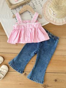 SHEIN 2pcs/Baby Girl's Plaid Camisole Top With 3D Bow And Embroidered Lace Trim, Paired With Flared Pants For A Stylish Vacation Outing Set - Pink - View 2