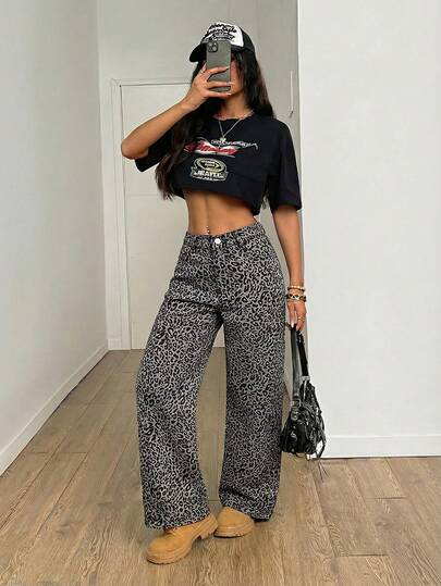 SHEIN PETITE Women's Leopard Pattern Elastic Waistband Jeans Winter Jeans Party Streetwear Jeans