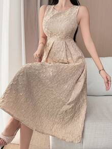 DAZY Robe mi-longue élégante à col rond sans manches avec imprimé floral pour femme, robe d'invitée de mariage d'été - Rose bonbon - Voir 5