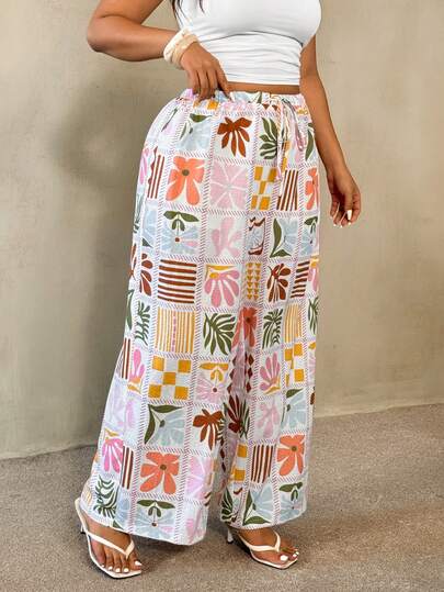 Auralis Plus Size Women Casual Retro Satin Pants, Versatile Brown Maillard Color, Suitable For Daily Wear, Office, Work, Party And Dates/Casual Vacation Printed Woven Textured Crepe Fabric / Patchwork Art Pattern / Drawstring Elastic Waistband Straight Leg Pants / Vacation / Bohemian