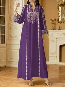 SHEIN Najma Women's Floral Digital Print Purple Elegant Arabic Robe, Stand Collar Long Sleeve, Spring/Autumn - Multicolor - View 4