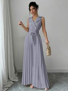 Selianne Women's Elegant Apricot Double-Breasted Design Pleated Jumpsuit, Spring/Autumn - Grey - View 3