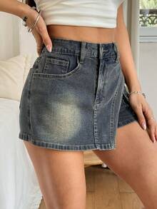 Rivivi Women's Casual Fashion Street Daily Commute Flap Pocket Asymmetrical Hem Denim Shorts, Summer - Dusty Blue - View 6