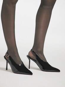 SHUZIA Women's Elegant Point Toe Back Strap Patent PU Pumps - Black - View 2