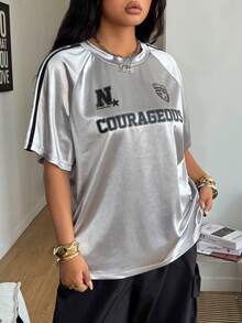 Coolane 女士加大码夏季宽松印花运动球衣T恤，金属银色，适合音乐节和运动服 - 銀色 - 查看 1